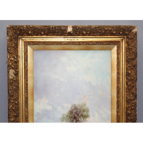 441 - Large vintage oil on board in ornate gesso frame of a rural scene signed T. Hall, approx 104cm x 57c... 