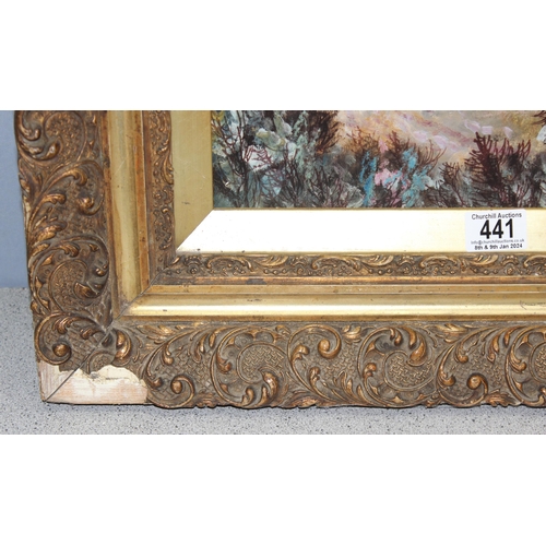 441 - Large vintage oil on board in ornate gesso frame of a rural scene signed T. Hall, approx 104cm x 57c... 