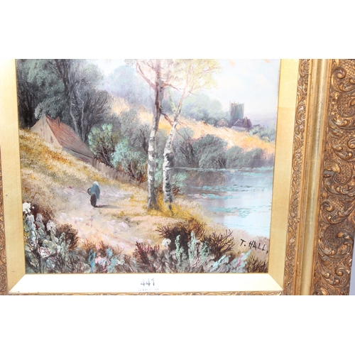 441 - Large vintage oil on board in ornate gesso frame of a rural scene signed T. Hall, approx 104cm x 57c... 