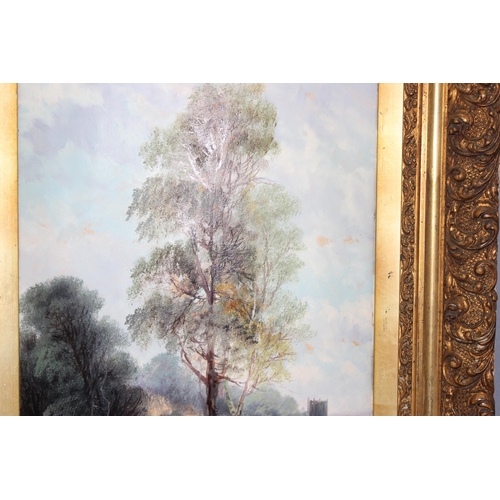 441 - Large vintage oil on board in ornate gesso frame of a rural scene signed T. Hall, approx 104cm x 57c... 