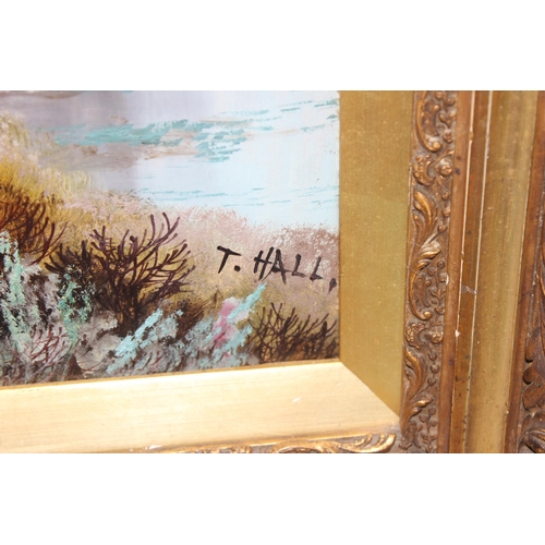 441 - Large vintage oil on board in ornate gesso frame of a rural scene signed T. Hall, approx 104cm x 57c... 