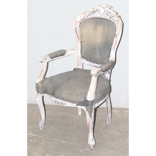 68 - A French style Fauteuil chair with white distressed painted finish, approx 59cm wide x 63cm deep x 1... 