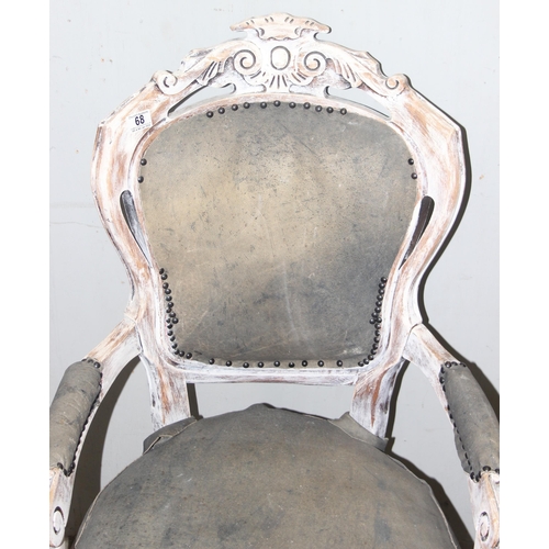 68 - A French style Fauteuil chair with white distressed painted finish, approx 59cm wide x 63cm deep x 1... 