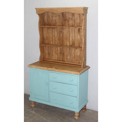 71 - Vintage pine dresser with duck egg blue painted base, approx 104cm wide x 49cm deep x 186cm tall