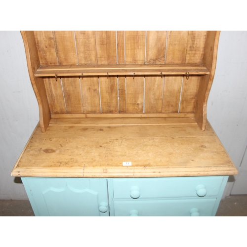 71 - Vintage pine dresser with duck egg blue painted base, approx 104cm wide x 49cm deep x 186cm tall