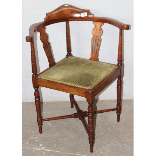 84 - An Edwardian mahogany corner chair with Sheraton revival inlay, approx 64cm wide x 60cm deep x 80cm ... 