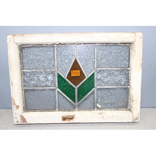 442 - 3 vintage stained glass windows with white painted frames, the largest approx 67cm x 40cm