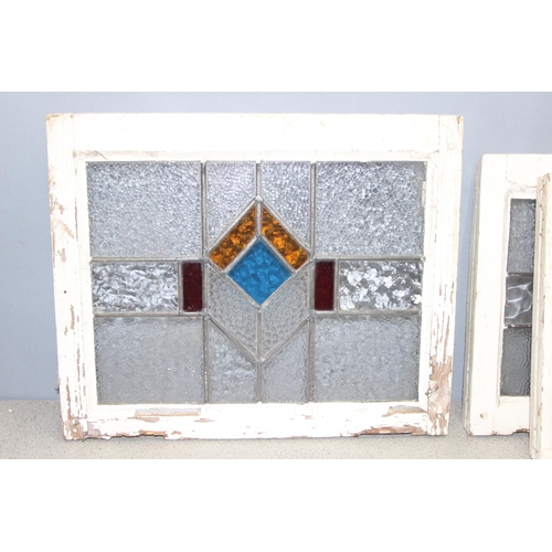 442 - 3 vintage stained glass windows with white painted frames, the largest approx 67cm x 40cm