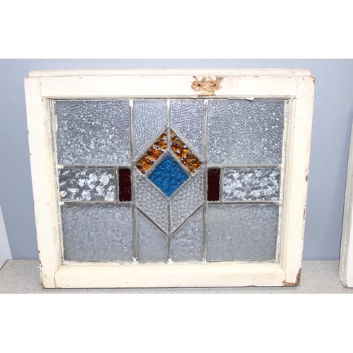 442 - 3 vintage stained glass windows with white painted frames, the largest approx 67cm x 40cm