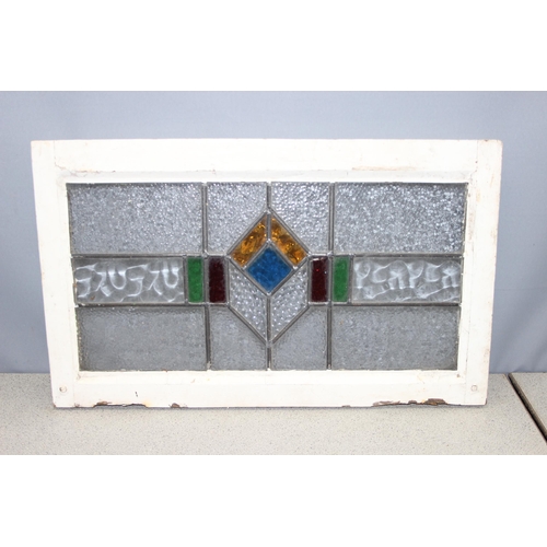 442 - 3 vintage stained glass windows with white painted frames, the largest approx 67cm x 40cm