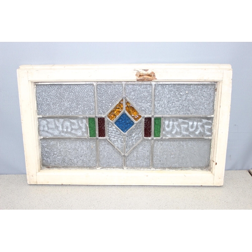 442 - 3 vintage stained glass windows with white painted frames, the largest approx 67cm x 40cm