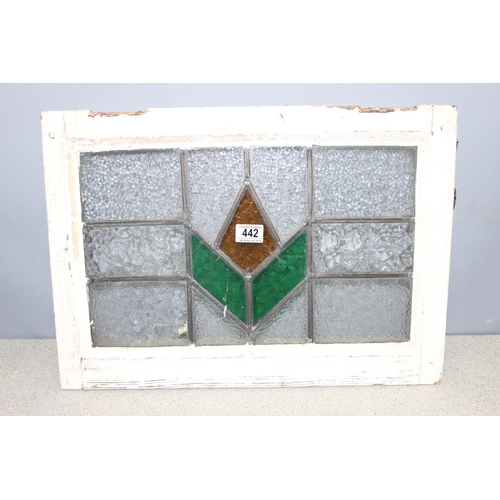 442 - 3 vintage stained glass windows with white painted frames, the largest approx 67cm x 40cm