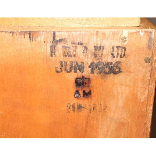 82 - A 1956 dated Air Ministry glazed light oak bookcase, approx 107cm wide x 25cm deep x 105cm tall