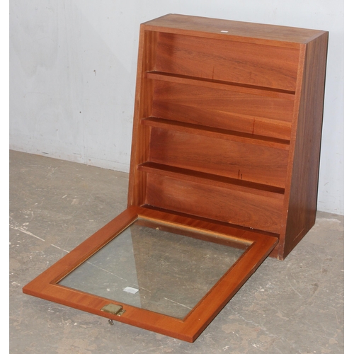 87 - An unusual slanted and glazed retro display cabinet, approx 56cm wide x 30cm deep x 66cm tall