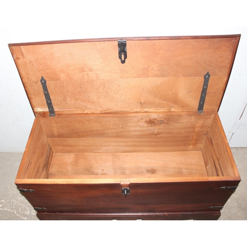 91 - Vintage wooden Trunk with ironwork fittings, approx 113cm wide x 49cm deep x 56cm tall