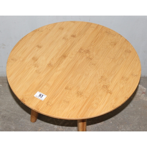 93 - A small light wood retro style side table with round top, approx 50cm wide x 50cm deep x 45cm tall