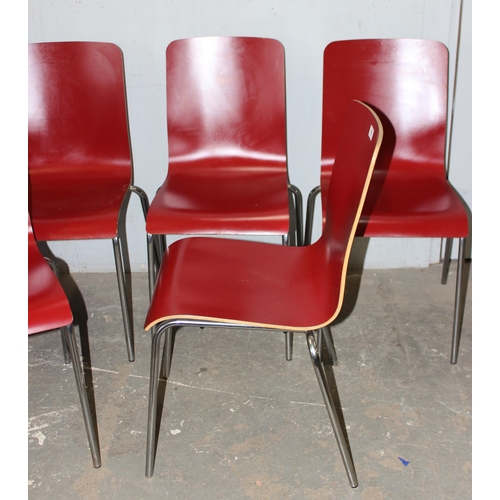 99 - A set of 6 retro style red painted bent plywood Dining Chairs with chrome legs, seemingly unmarked, ... 