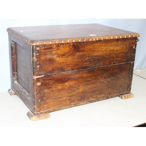 104 - Vintage oak topped blanket box/trunk with carved details, approx 74cm wide x 46cm deep x 46cm tall