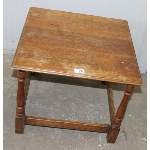 105 - 3 vintage oak tables, largest approx 51cm wide x 51cm deep x 42cm tall