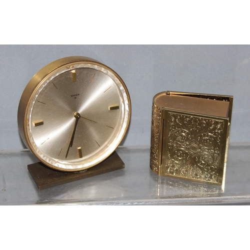 1322 - Vintage Swiza 8 day Swiss made mechanical bedside alarm clock, approx 11cm H, and a German made nove... 