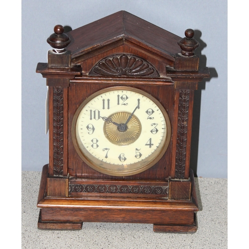 1323 - 19th century German Oak cased mantel clock with alarm and bell mechanism, approx 26cm