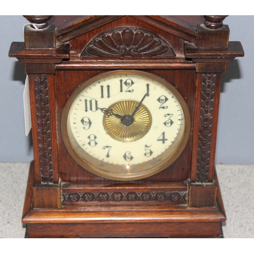 1323 - 19th century German Oak cased mantel clock with alarm and bell mechanism, approx 26cm