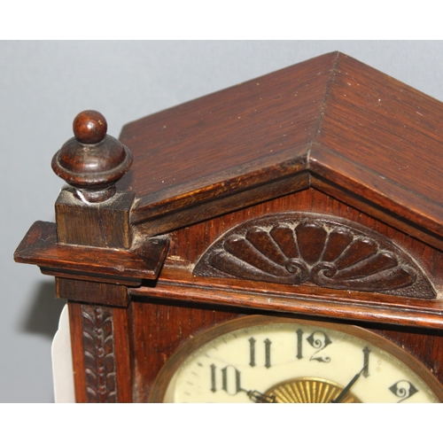 1323 - 19th century German Oak cased mantel clock with alarm and bell mechanism, approx 26cm