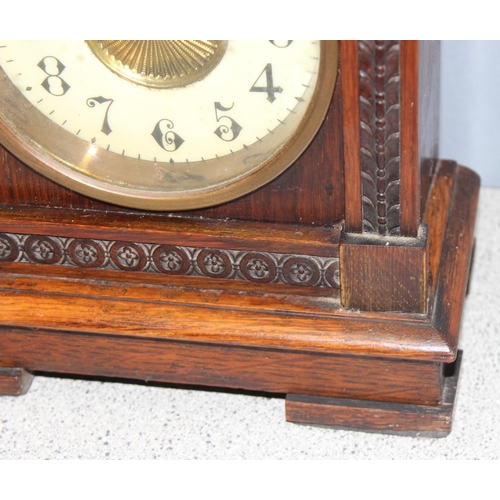 1323 - 19th century German Oak cased mantel clock with alarm and bell mechanism, approx 26cm