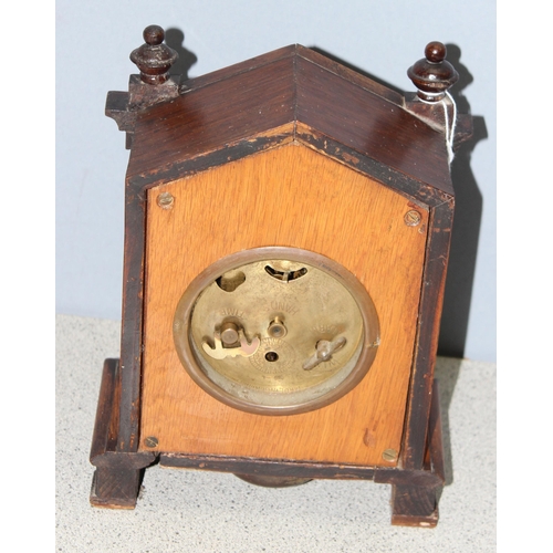 1323 - 19th century German Oak cased mantel clock with alarm and bell mechanism, approx 26cm