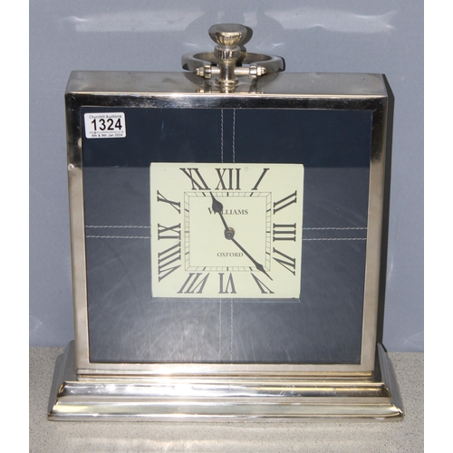 1324 - Large Williams Oxford square quartz chrome plated mantel clock with stepped base and faux leather mo... 