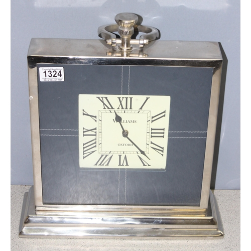 1324 - Large Williams Oxford square quartz chrome plated mantel clock with stepped base and faux leather mo... 