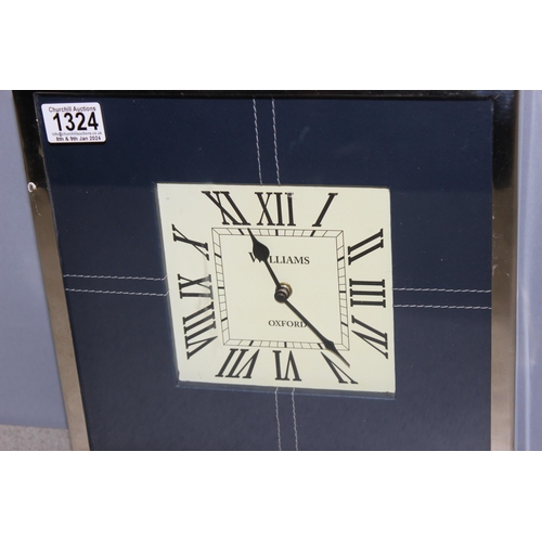 1324 - Large Williams Oxford square quartz chrome plated mantel clock with stepped base and faux leather mo... 