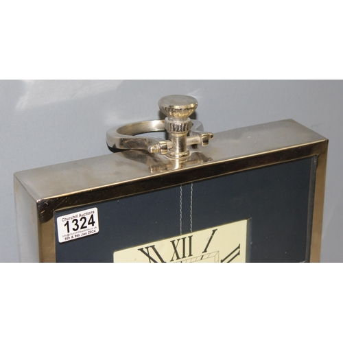 1324 - Large Williams Oxford square quartz chrome plated mantel clock with stepped base and faux leather mo... 