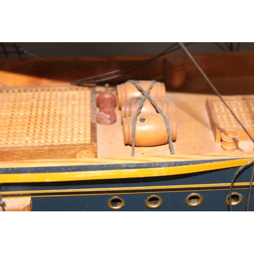 1534 - A vintage wooden model of a Three Masted Schooner ship, approx 79cm W x 63cm H