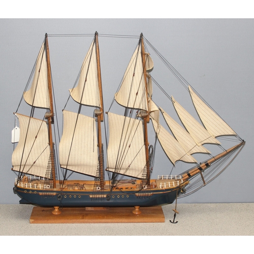 1534 - A vintage wooden model of a Three Masted Schooner ship, approx 79cm W x 63cm H