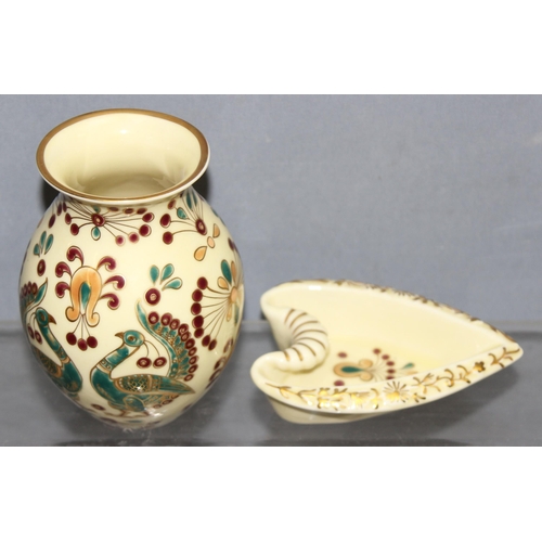 Zsolnay Pécs of Hungary, 2 pieces of porcelain, a bulbous vase ...