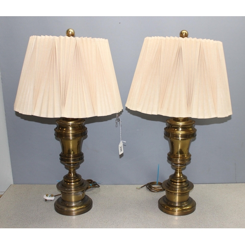 240 - Pair of large heavy brass lamps with pleated shades, approx 82cm (with shades)