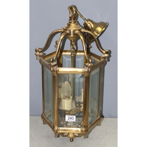 243 - Vintage hexagonal brass porch light lantern with bevelled edged glass panels, approx 76cm with fitti... 