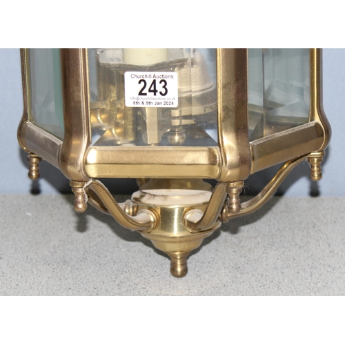 243 - Vintage hexagonal brass porch light lantern with bevelled edged glass panels, approx 76cm with fitti... 