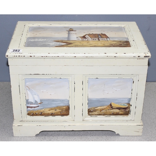 282 - Small wooden chest with hinged lid and hand-painted coastal scenes to side and top, approx 46cm wide... 