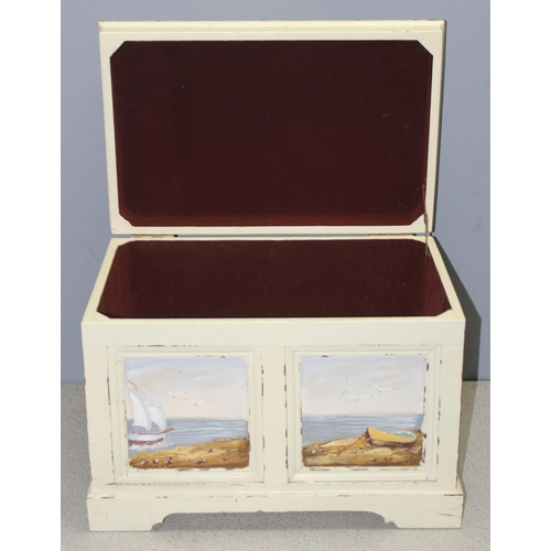 282 - Small wooden chest with hinged lid and hand-painted coastal scenes to side and top, approx 46cm wide... 