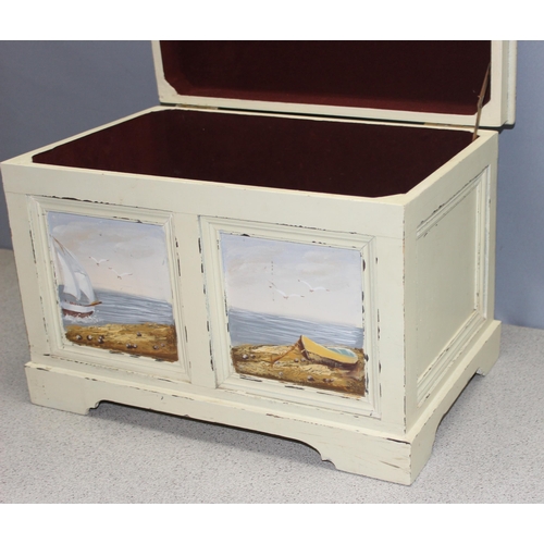 282 - Small wooden chest with hinged lid and hand-painted coastal scenes to side and top, approx 46cm wide... 