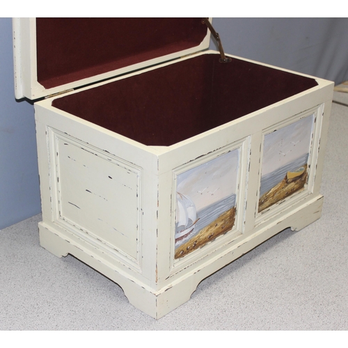 282 - Small wooden chest with hinged lid and hand-painted coastal scenes to side and top, approx 46cm wide... 