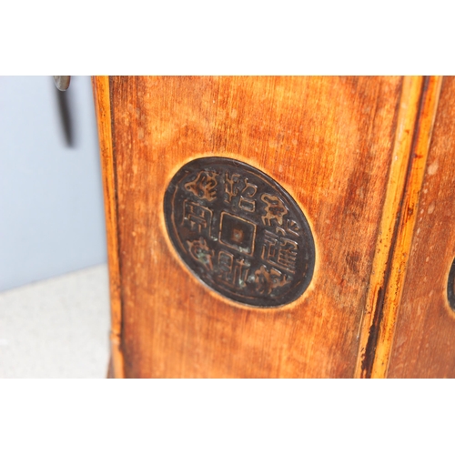 283 - Chinese stained bamboo hexagonal storage box with embossed metal decorative discs, approx 37cm tall ... 