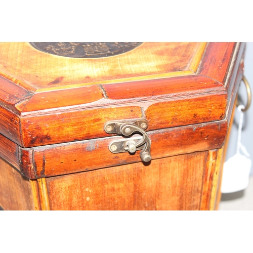 283 - Chinese stained bamboo hexagonal storage box with embossed metal decorative discs, approx 37cm tall ... 