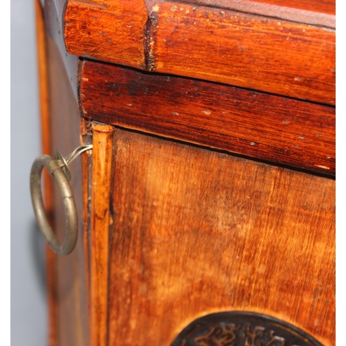 283 - Chinese stained bamboo hexagonal storage box with embossed metal decorative discs, approx 37cm tall ... 