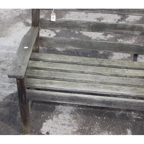 330 - Weathered teak garden bench, approx 159cm wide x 63cm deep x 80cm tall