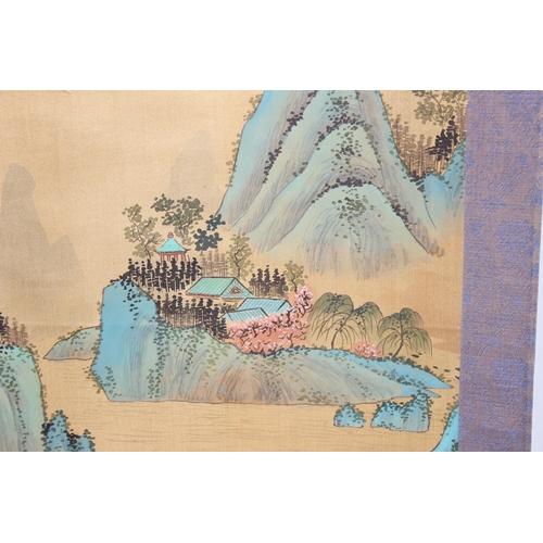 450 - Japanese hand painted  silk and fabric wall hanging scroll with porcelain blue and white terminals i... 