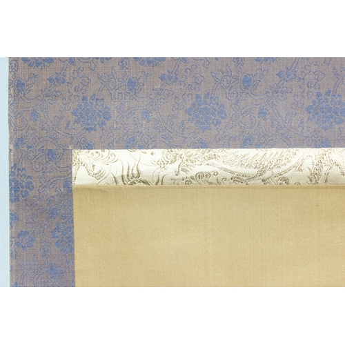 450 - Japanese hand painted  silk and fabric wall hanging scroll with porcelain blue and white terminals i... 