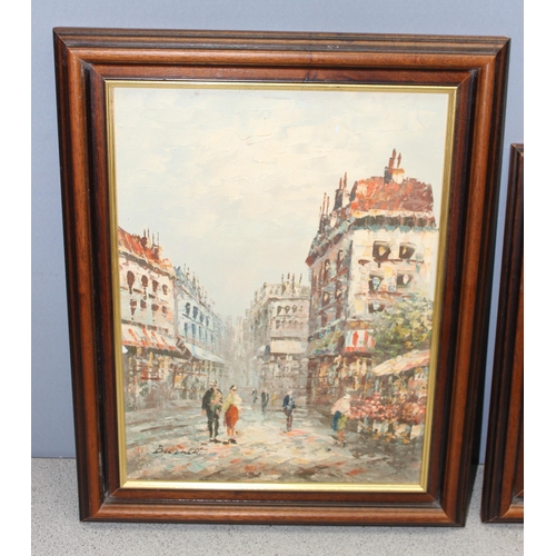 455 - 2 original oil paintings of Parisian street scenes, both signed 'Burnett', in mahogany frames, appro... 